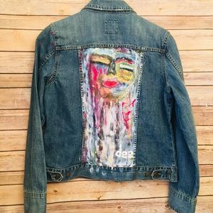 Hand Painted Denim Jacket Women’s L Festival Artsy